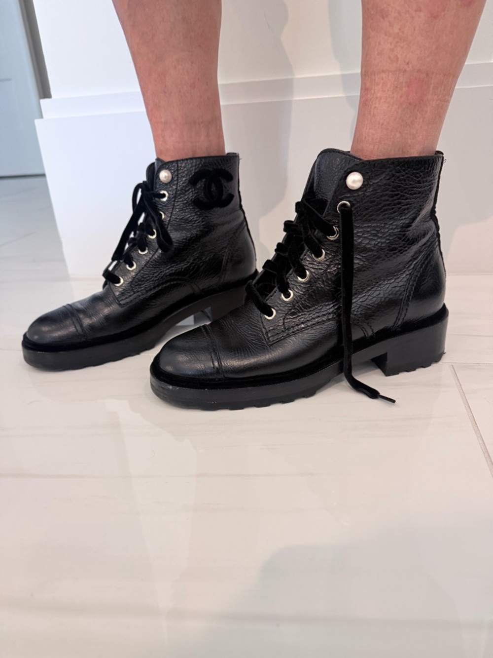 CHANEL Black Leather Lace-Up Ankle Boots with Pearl Accents - Picture 8 of 8